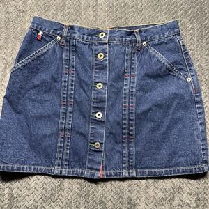 VTG Tommy Hilfiger Jeans Denim Skirt Women's 11 Button Front Y2K Logo Patch Mini